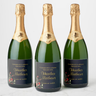 Étiquettes Pour Bouteilles De Vin Mousseux Bleu bleu marine Floral Gold Graduation