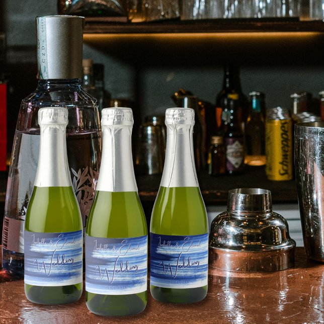 Étiquettes Pour Bouteilles De Vin Mousseux Bleu et blanc marine moderne Aquarelle Brush (Créateur téléchargé)