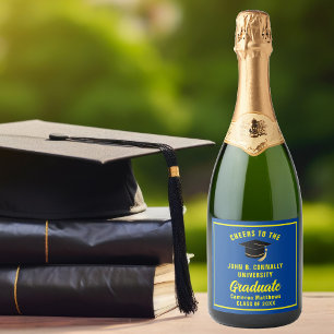 Étiquettes Pour Bouteilles De Vin Mousseux Bleu Jaune Graduate Custom 2025 Graduation Party