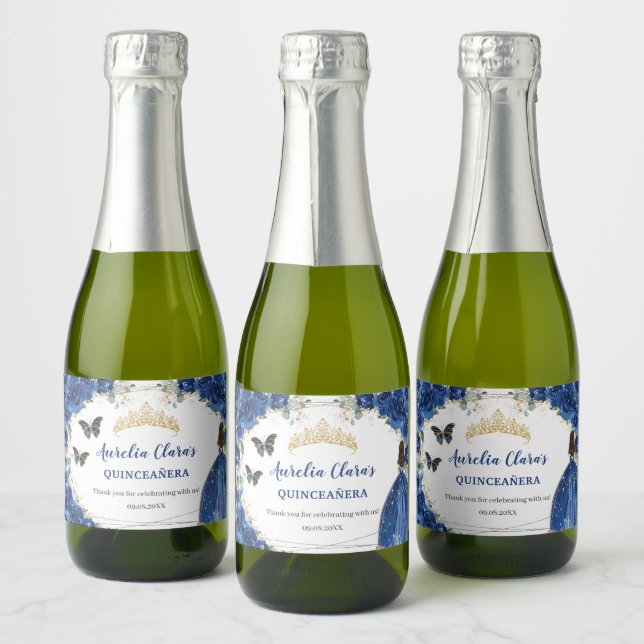 Étiquettes Pour Bouteilles De Vin Mousseux Bleu Royal Floral Or Quinceañera Anniversaire (Bouteilles)