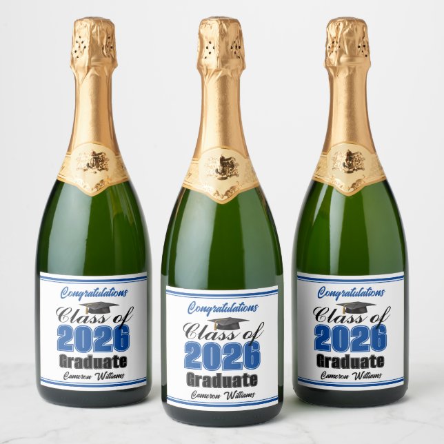 Étiquettes Pour Bouteilles De Vin Mousseux Blue Class of 2026 Graduation Party Custom (Bouteilles)