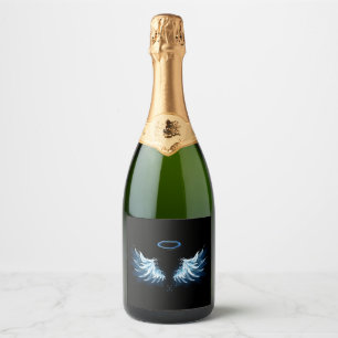 Étiquettes Pour Bouteilles De Vin Mousseux Blue Glowing Angel Wings on black background