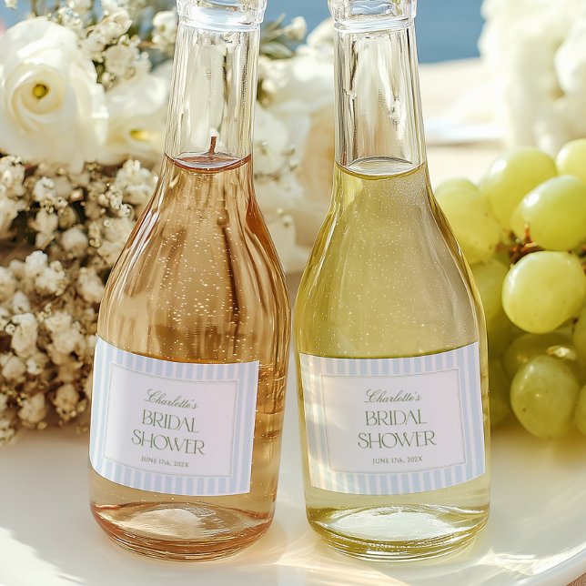 Étiquettes Pour Bouteilles De Vin Mousseux Blue & Sage Striped Bridal Shower Mini Labels (Créateur téléchargé)