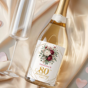 Étiquettes Pour Bouteilles De Vin Mousseux Blush Burgundy Champagne 80e Anniversaire Raffiné