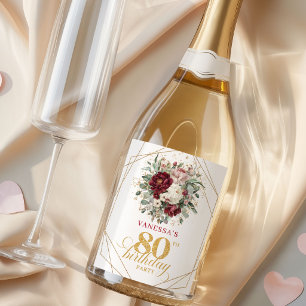 Étiquettes Pour Bouteilles De Vin Mousseux Blush Luxe Bourgogne Champagne 80ème Anniversaire