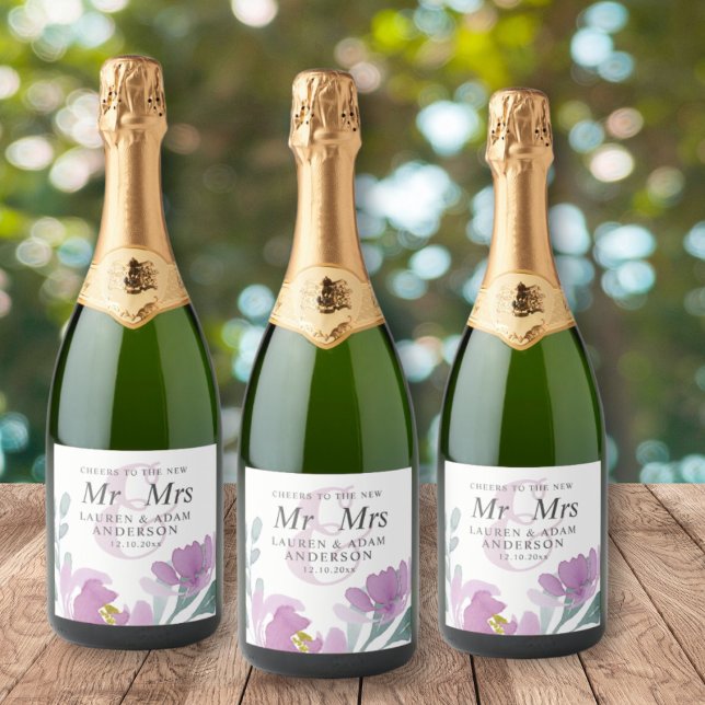 Étiquettes Pour Bouteilles De Vin Mousseux Boho Aquarelle rose Floral Mariage (Créateur téléchargé)