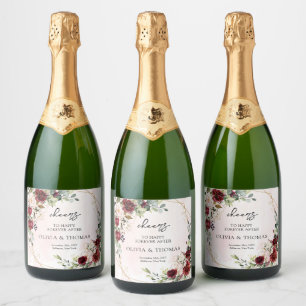 Étiquettes Pour Bouteilles De Vin Mousseux Boho moderne bordeaux fleuri or géométrique