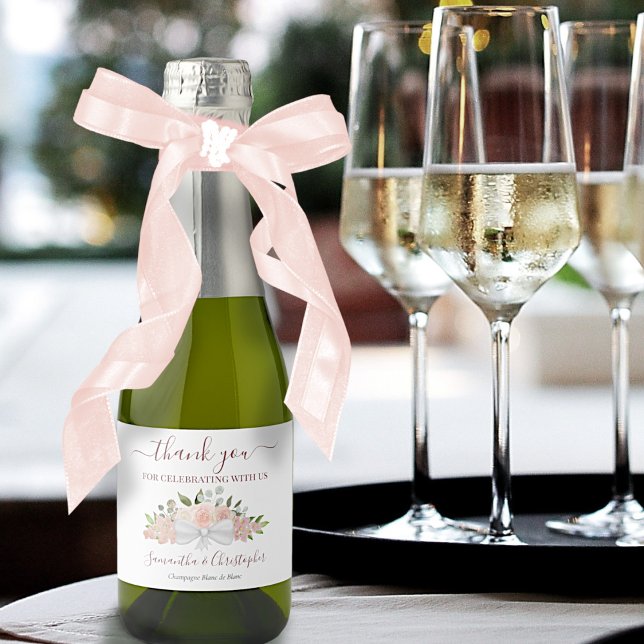 Étiquettes Pour Bouteilles De Vin Mousseux Boho rose pâle Merci Mariage Floral Mini (Créateur téléchargé)