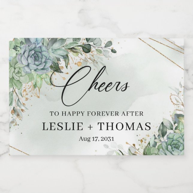 Étiquettes Pour Bouteilles De Vin Mousseux Boho succulents verdure eucalyptus cadre or (Étiquettes simples)