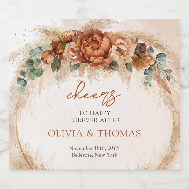 Étiquettes Pour Bouteilles De Vin Mousseux Boho Terracotta et fleurs bordeaux pampas herbe (Étiquettes simples)