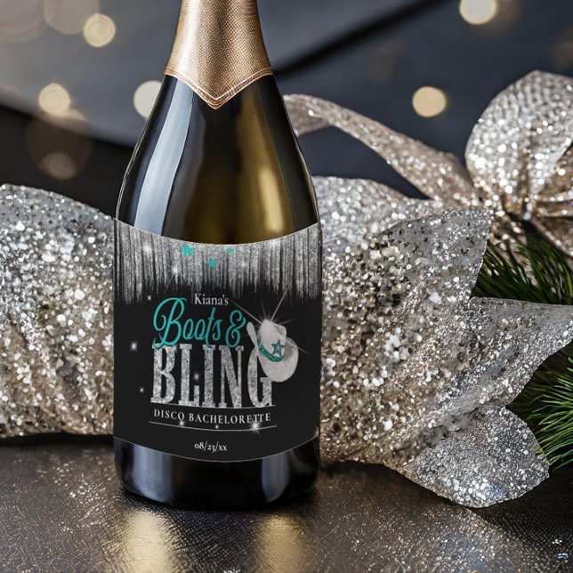 Étiquettes Pour Bouteilles De Vin Mousseux Boots 'n Bling Disco Bachelorette Turquoise ID925 (Créateur téléchargé)