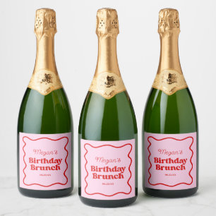 Étiquettes Pour Bouteilles De Vin Mousseux Bordure rouge rose Vague Anniversaire Brunch Party
