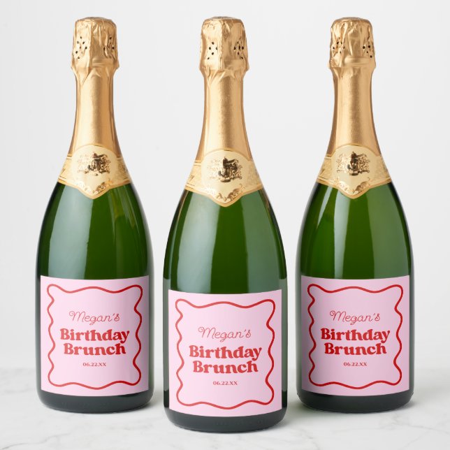 Étiquettes Pour Bouteilles De Vin Mousseux Bordure rouge rose Vague Anniversaire Brunch Party (Bouteilles)