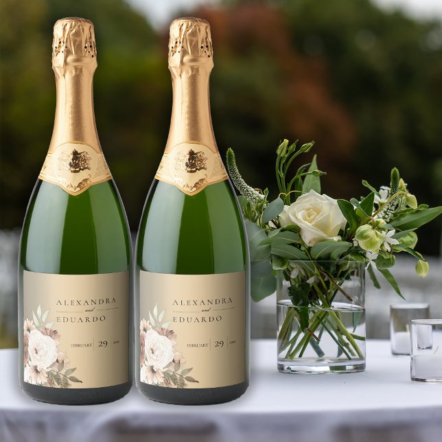 Étiquettes Pour Bouteilles De Vin Mousseux Botanique Boho Mariage d'or (Créateur téléchargé)