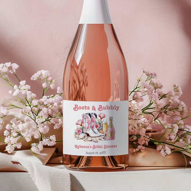 Étiquettes Pour Bouteilles De Vin Mousseux Bottes et Bulles Fête de Mariée Cowgirl Côtière (Créateur téléchargé)