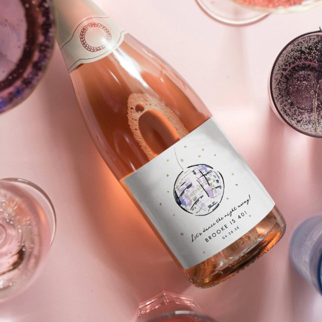 Étiquettes Pour Bouteilles De Vin Mousseux Boule Disco Étoile Aquarelle Anniversaire (Fabulous watercolor painted disco ball personalized sparkling wine drink label.)