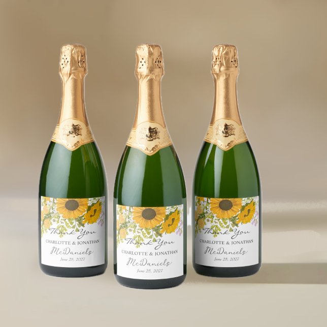 Étiquettes Pour Bouteilles De Vin Mousseux Bouquet de fleurs de soleil modernes jaunes Mariag (Créateur téléchargé)