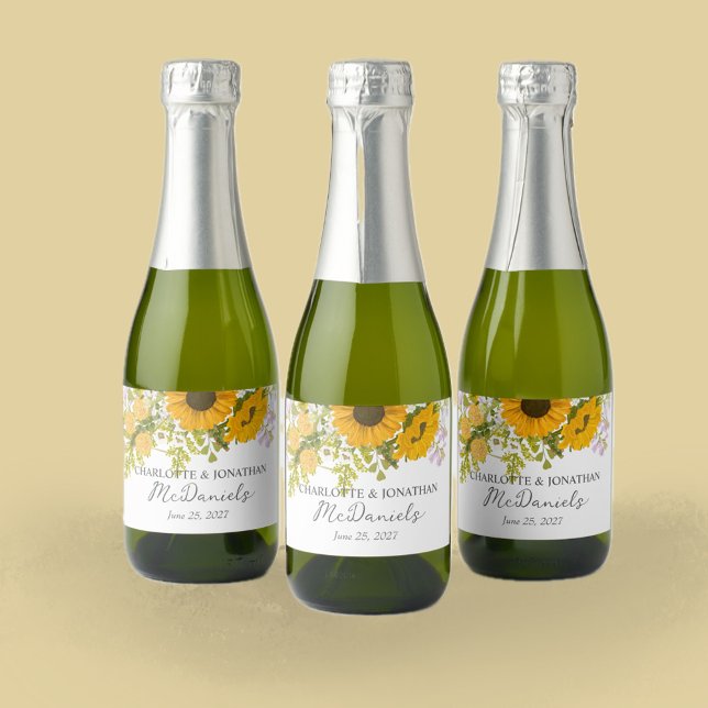 Étiquettes Pour Bouteilles De Vin Mousseux Bouquet de fleurs de soleil modernes jaunes Mariag (Créateur téléchargé)