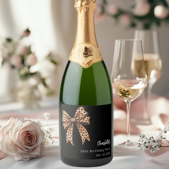 Étiquettes Pour Bouteilles De Vin Mousseux Bow empreinte de léopard noir fête d'anniversaire (Créateur téléchargé)