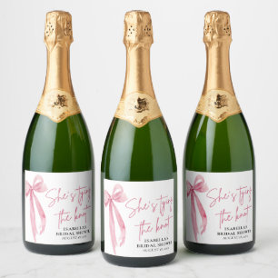 Étiquettes Pour Bouteilles De Vin Mousseux Bow rose vif Elle noue la Fête des mariées de noeu