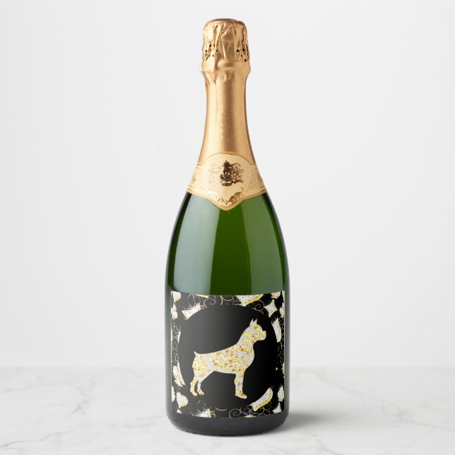 ÉTIQUETTES POUR BOUTEILLES DE VIN MOUSSEUX BOXER DOG  BLING (Devant)