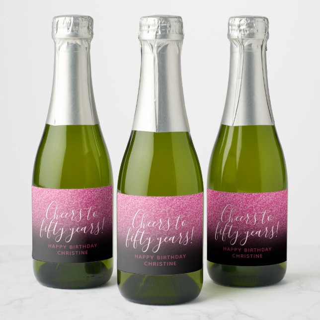 Étiquettes Pour Bouteilles De Vin Mousseux Bravo à Cinquante ans Hot rose & Black Sparkle (Bouteilles)