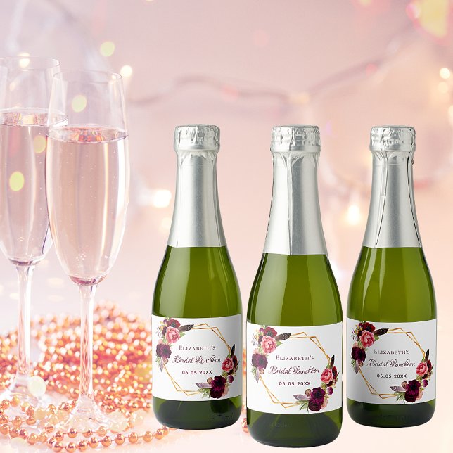 Étiquettes Pour Bouteilles De Vin Mousseux Bridal Luncheon floral géométrique blanc bordeaux (Créateur téléchargé)