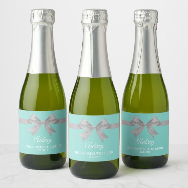 Étiquettes Pour Bouteilles De Vin Mousseux BRIDE Glam Touch Silver Turquoise Blue Tiara Party (Bouteilles)