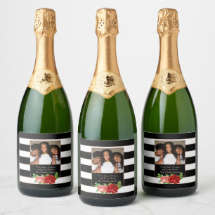 Étiquettes Pour Bouteilles De Vin Mousseux Bronze floral Grille noire et blanche - Photo pers