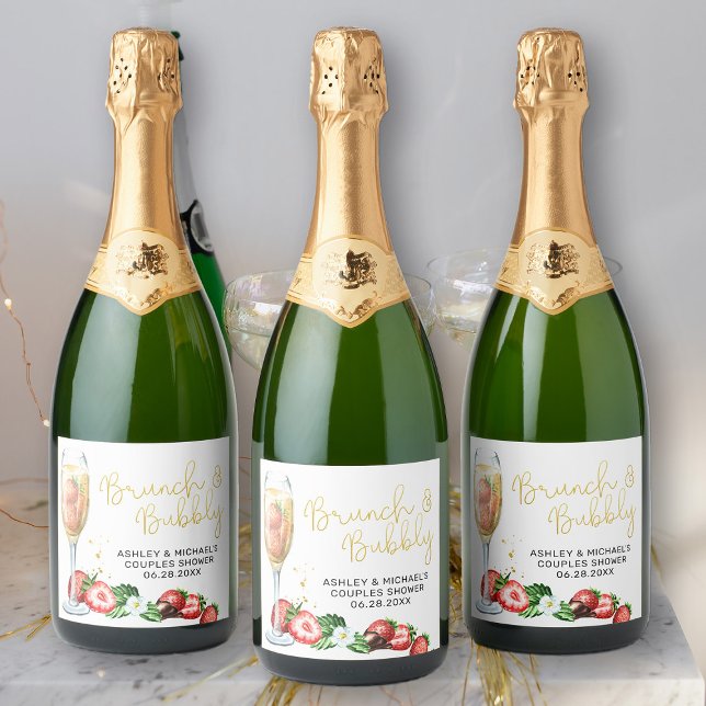Étiquettes Pour Bouteilles De Vin Mousseux Brunch & Bubbly Fraise étincelante Verre à vin (Bottle Labels Strawberries and Champagne bridal shower Collection)