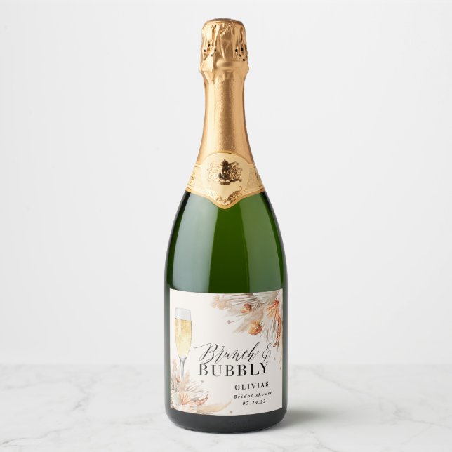 Étiquettes Pour Bouteilles De Vin Mousseux brunch et bulle Bridal douche pampas herbe Champ (Devant)