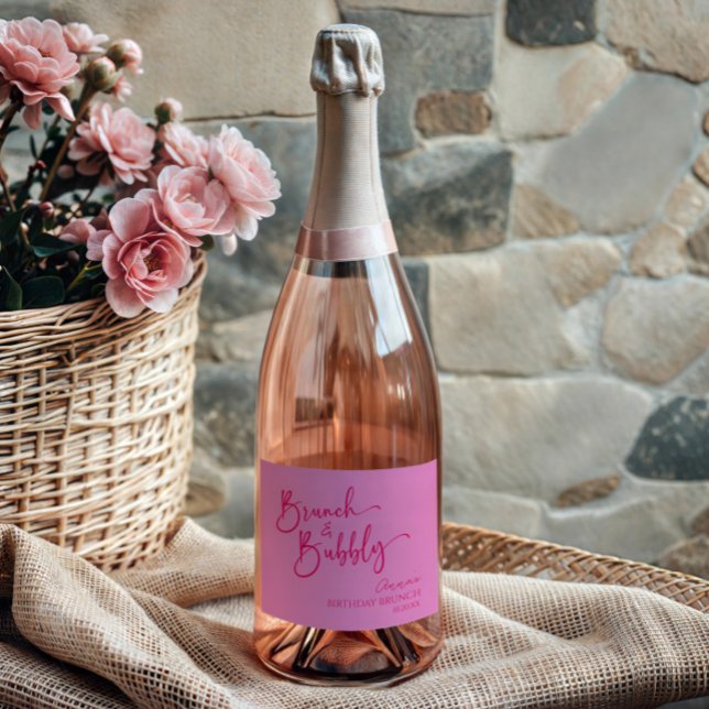 Étiquettes Pour Bouteilles De Vin Mousseux Brunch rose chaud et fête de brunch d'anniversaire (Créateur téléchargé)