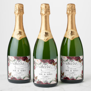 Étiquettes Pour Bouteilles De Vin Mousseux Burgundy Blush Floral Mariage Gold Butterflies