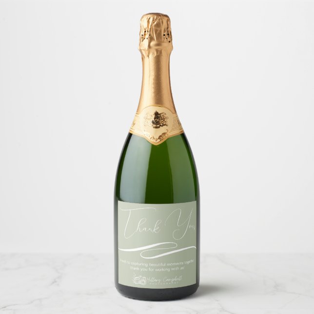 Étiquettes Pour Bouteilles De Vin Mousseux Cadeau client Merci Logo personnalisé Sage Green (Devant)