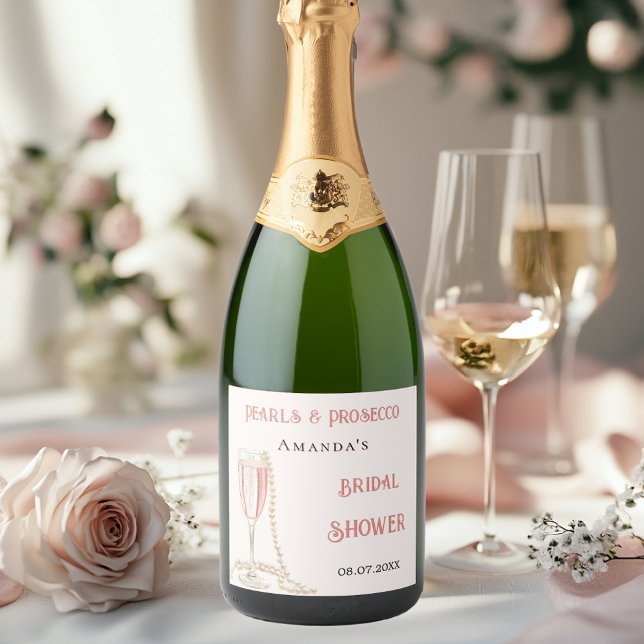 Étiquettes Pour Bouteilles De Vin Mousseux Cadeau de mariage perles roses prosecco (Créateur téléchargé)
