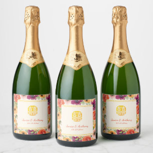 Étiquettes Pour Bouteilles De Vin Mousseux Cadre fleuri coloré mariage chinois beige