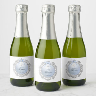 Étiquettes Pour Bouteilles De Vin Mousseux Cadre Pailleté Argent Ruban Bleu Baptême