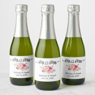 Étiquettes Pour Bouteilles De Vin Mousseux Calligraphie Coeur Floral M. et Mme Mariage Mini