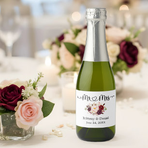 Étiquettes Pour Bouteilles De Vin Mousseux Calligraphie Coeur M. et Mme Floral Mariage Mini