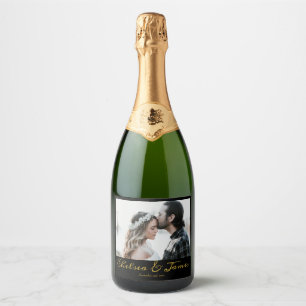 Étiquettes Pour Bouteilles De Vin Mousseux Calligraphie Photo Black & Gold Sparkling Wine Wed