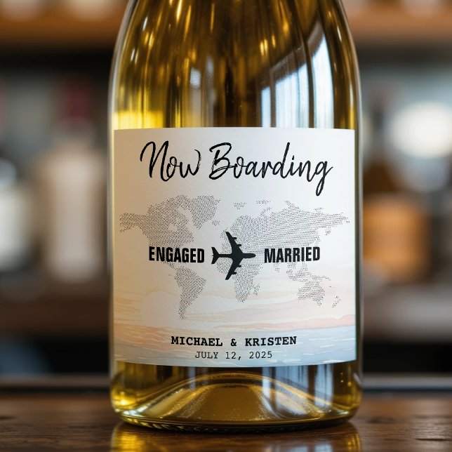 Étiquettes Pour Bouteilles De Vin Mousseux Carte d'embarquement Ocean Sunset Destination Mari (Boarding Pass Ocean Sunset Destination Wedding Sparkling Wine Label
)