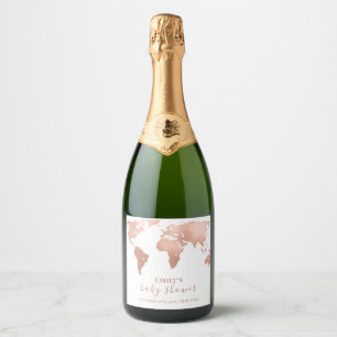 Étiquettes Pour Bouteilles De Vin Mousseux Carte du monde en rose gold Baby Shower Aventure d