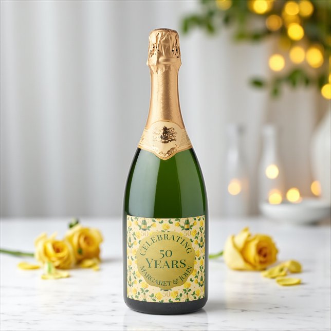 Étiquettes Pour Bouteilles De Vin Mousseux Célébration du 50e anniversaire d'or (Golden 50th anniversary champagne label with yellow roses and elegant script)