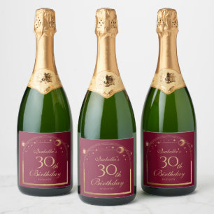 Étiquettes Pour Bouteilles De Vin Mousseux Celestial Red Gold Sun Moon Stars 30e anniversaire