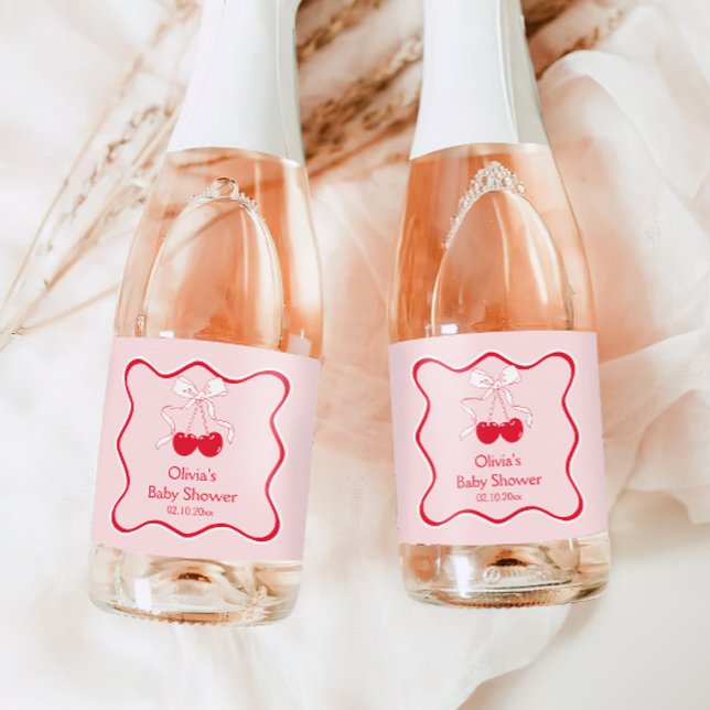 Étiquettes Pour Bouteilles De Vin Mousseux Cerise sur le Baby shower supérieur Mini Champagne (Créateur téléchargé)