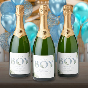Étiquettes Pour Bouteilles De Vin Mousseux C'est un garçon Dusty Blue Greenery Lettre Baby Sh