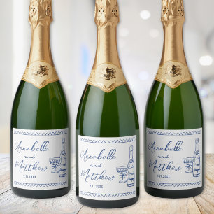Étiquettes Pour Bouteilles De Vin Mousseux Champagne Bleu Mariage Dessiné à la Main
