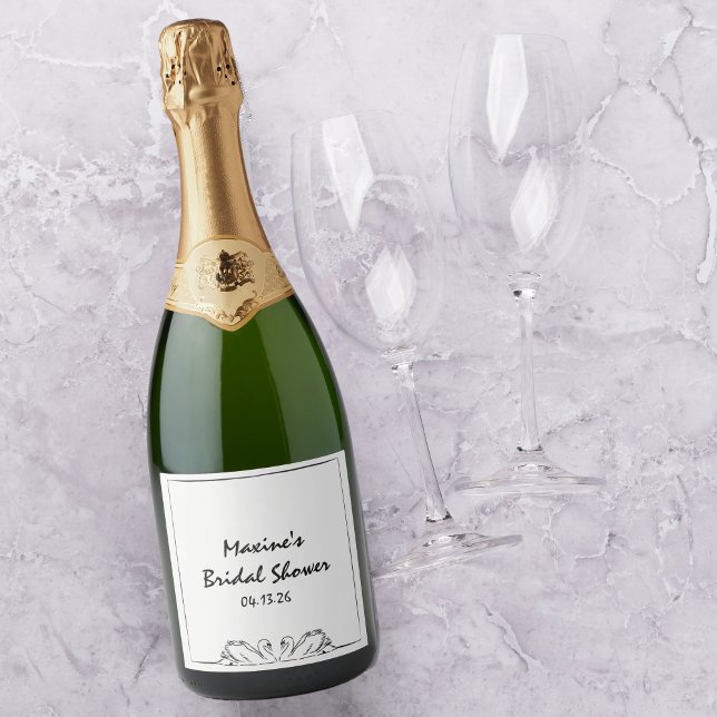 Étiquettes Pour Bouteilles De Vin Mousseux Champagne de Fête des mariées de cygne manuscrite  (Elegant Custom Champagne Label - Perfect for Bridal Showers and Celebratory Toasts!)