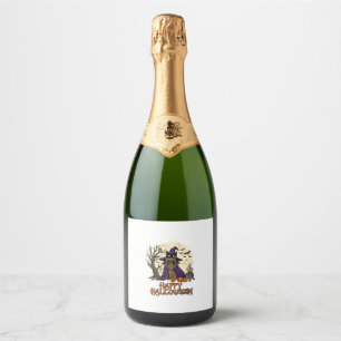 Étiquettes Pour Bouteilles De Vin Mousseux Chapeau de sorcière Pug Halloween joyeux Chaudron