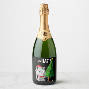 Étiquettes Pour Bouteilles De Vin Mousseux Chat amusant poussant l'arbre de Noël Chat Qu'est-